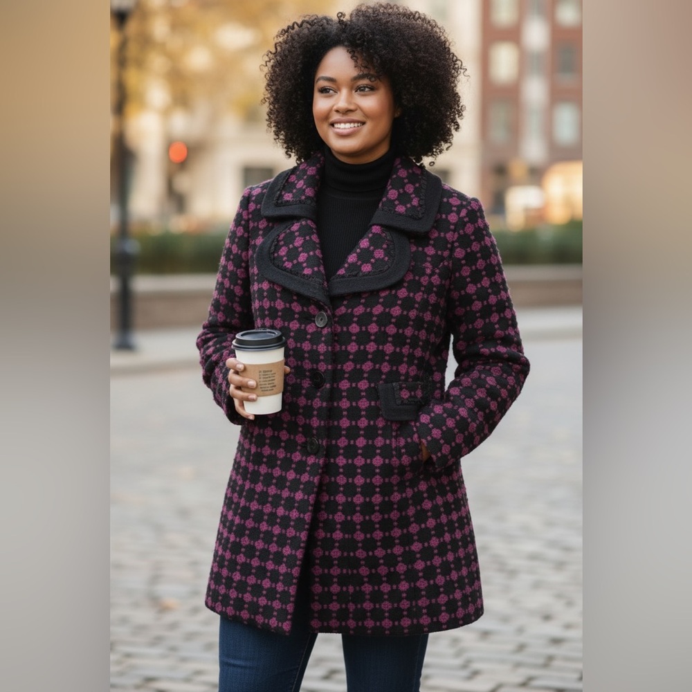 Kensie Women's Black and Purple Pea Coat 956